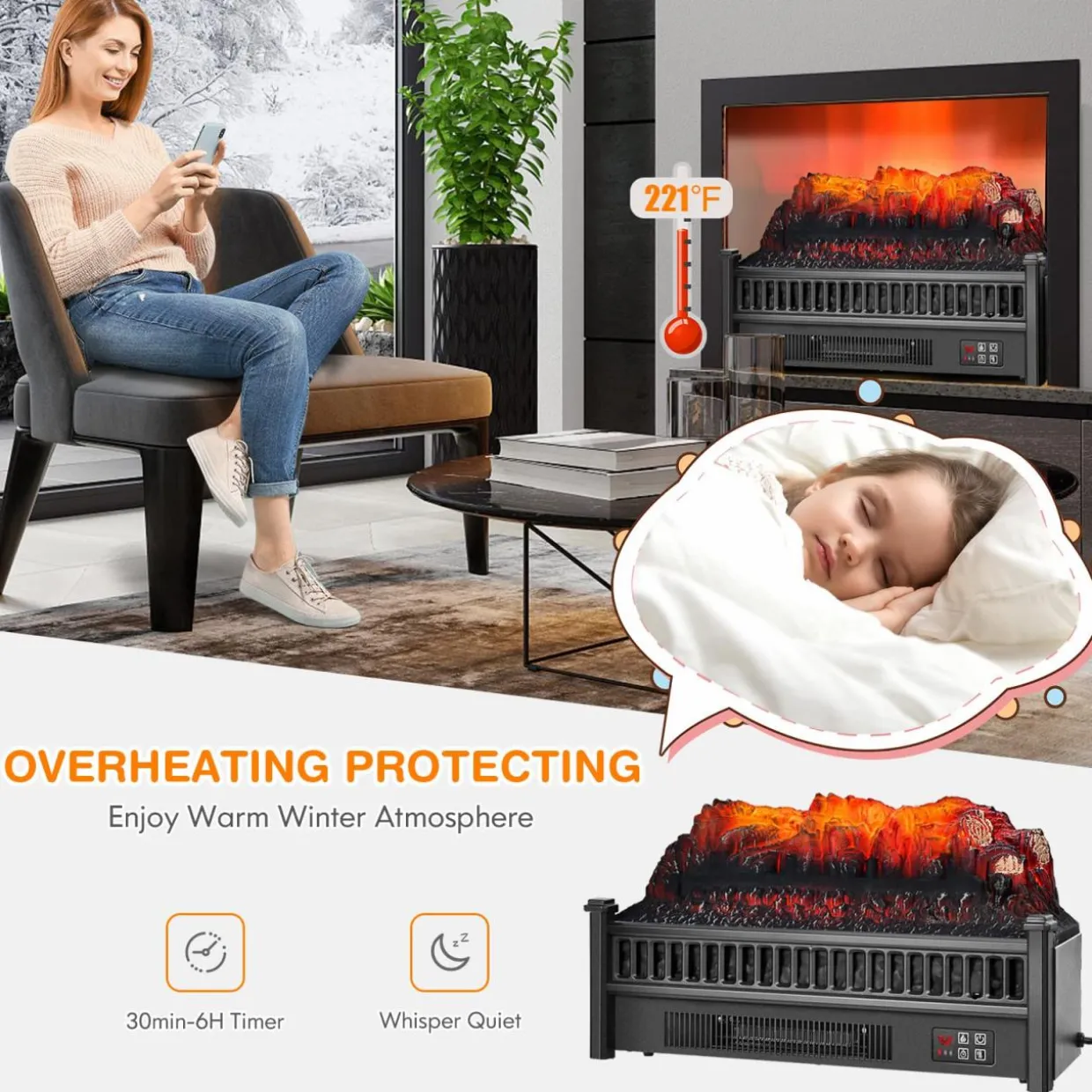 Tangkula 23" Electric Fireplace Log Heater, 1400 W Freestanding Electric Fireplace Stove Insert