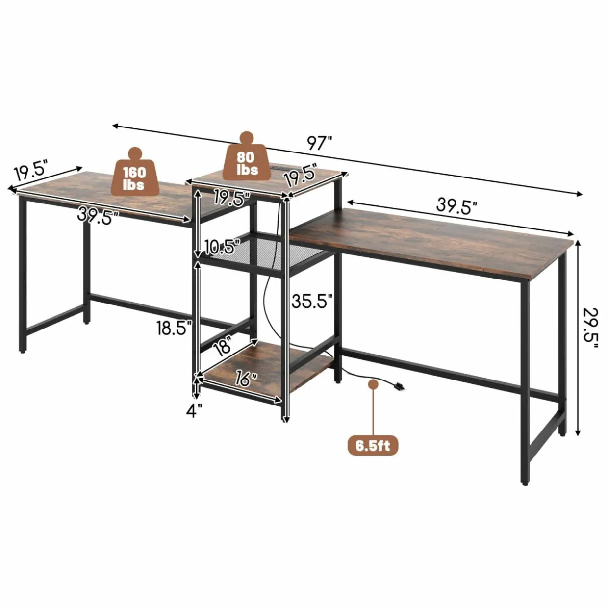 Tangkula 97" Extra Long 2-Person Computer Desk with Power Outlet