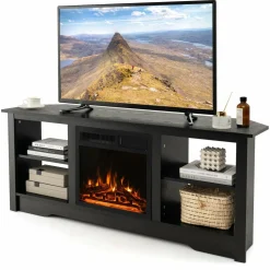 Tangkula 58” Fireplace TV Stand, Home Entertainment Center with 18” 1500W Electric Fireplace