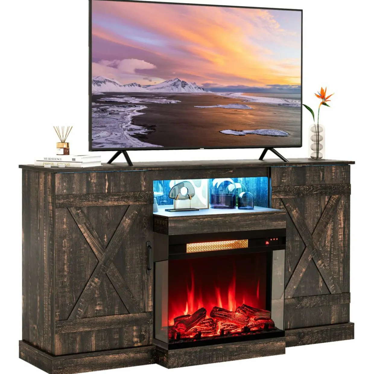 Tangkula 58” Fireplace TV Stand with 23” 3-Side Glass Electric Fireplace