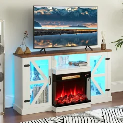 Tangkula 58” Fireplace TV Stand with 23” 3-Side Glass Electric Fireplace