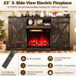 Tangkula 58” Fireplace TV Stand with 23” 3-Side Glass Electric Fireplace