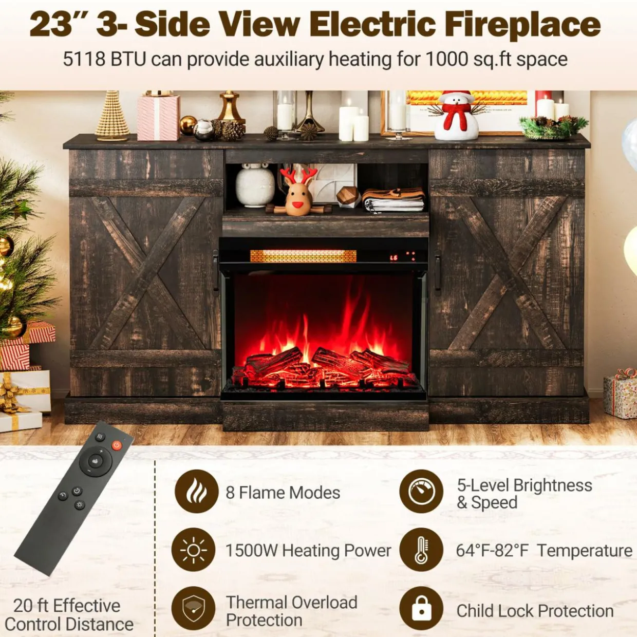 Tangkula 58” Fireplace TV Stand with 23” 3-Side Glass Electric Fireplace