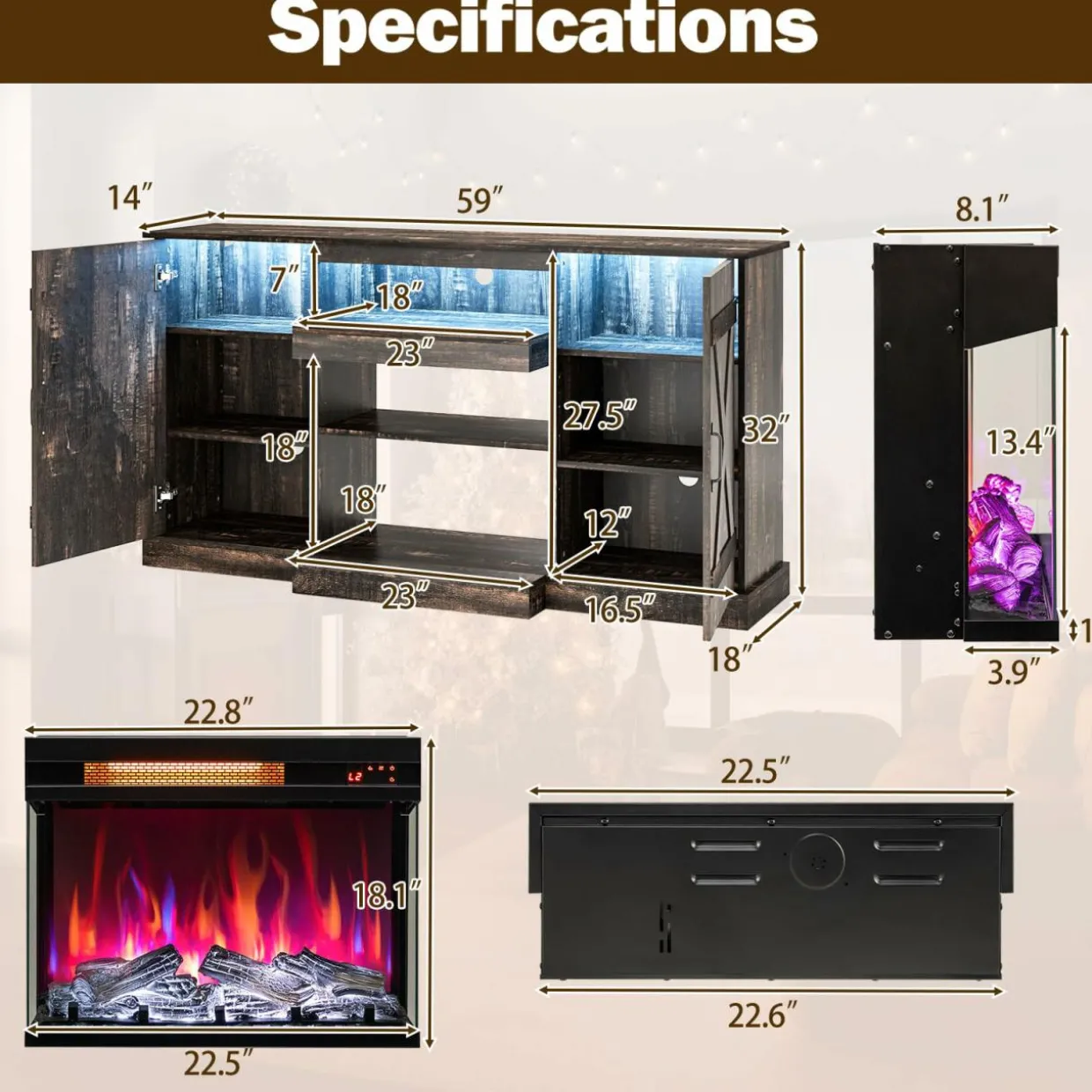 Tangkula 58” Fireplace TV Stand with 23” 3-Side Glass Electric Fireplace
