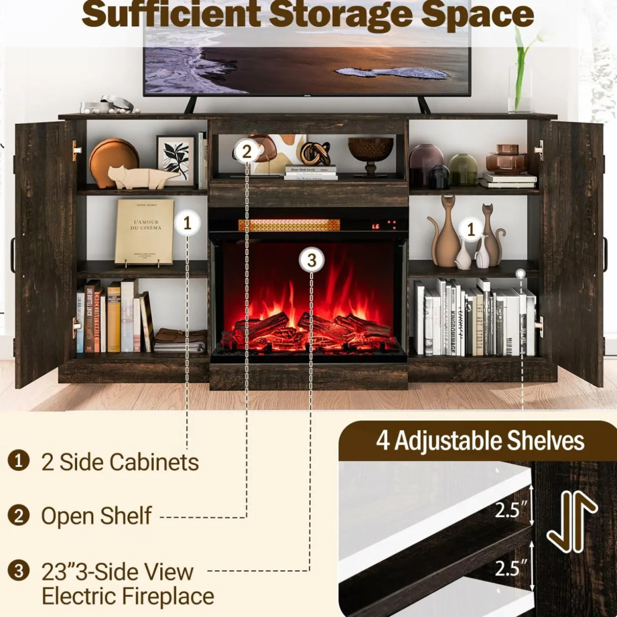 Tangkula 58” Fireplace TV Stand with 23” 3-Side Glass Electric Fireplace