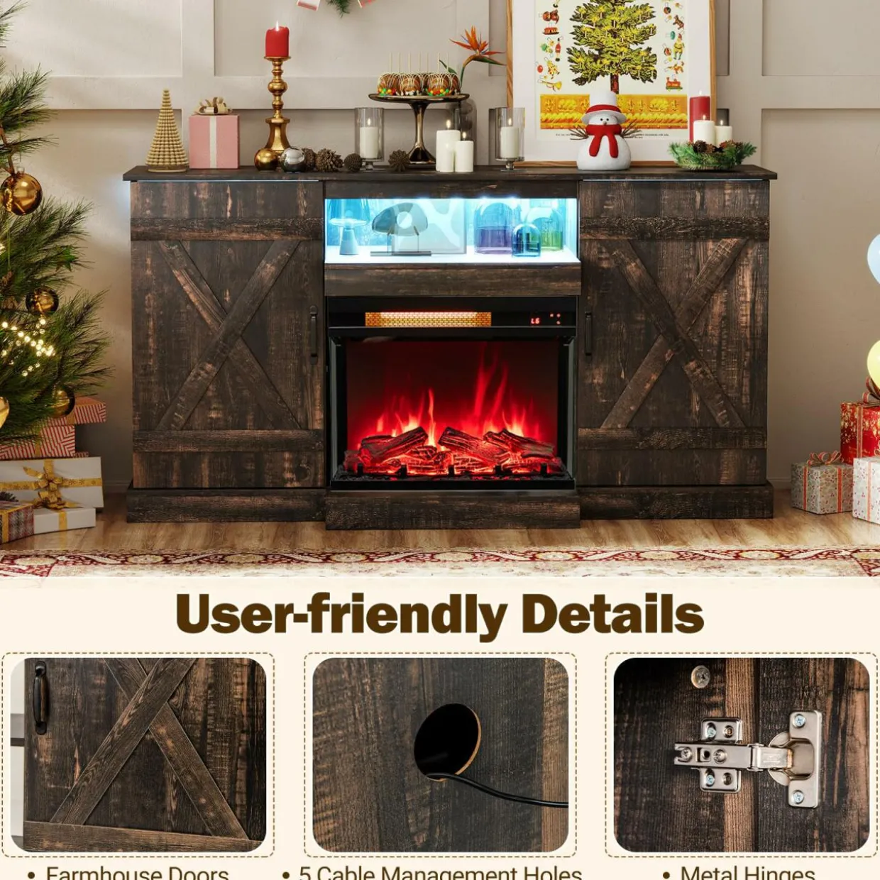 Tangkula 58” Fireplace TV Stand with 23” 3-Side Glass Electric Fireplace