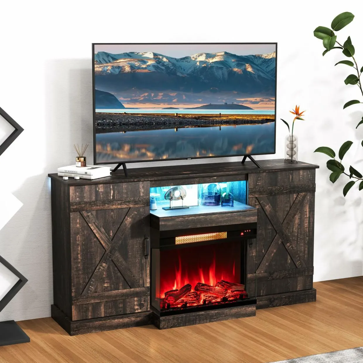 Tangkula 58” Fireplace TV Stand with 23” 3-Side Glass Electric Fireplace