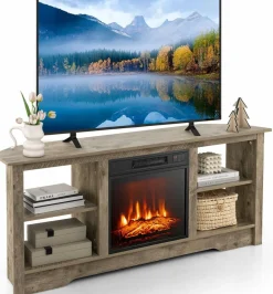 Tangkula 58” Fireplace TV Stand, Home Entertainment Center with 18” 1400W Electric Fireplace