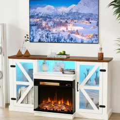 Tangkula 58” Fireplace TV Stand with 23” 3-Side Glass Electric Fireplace