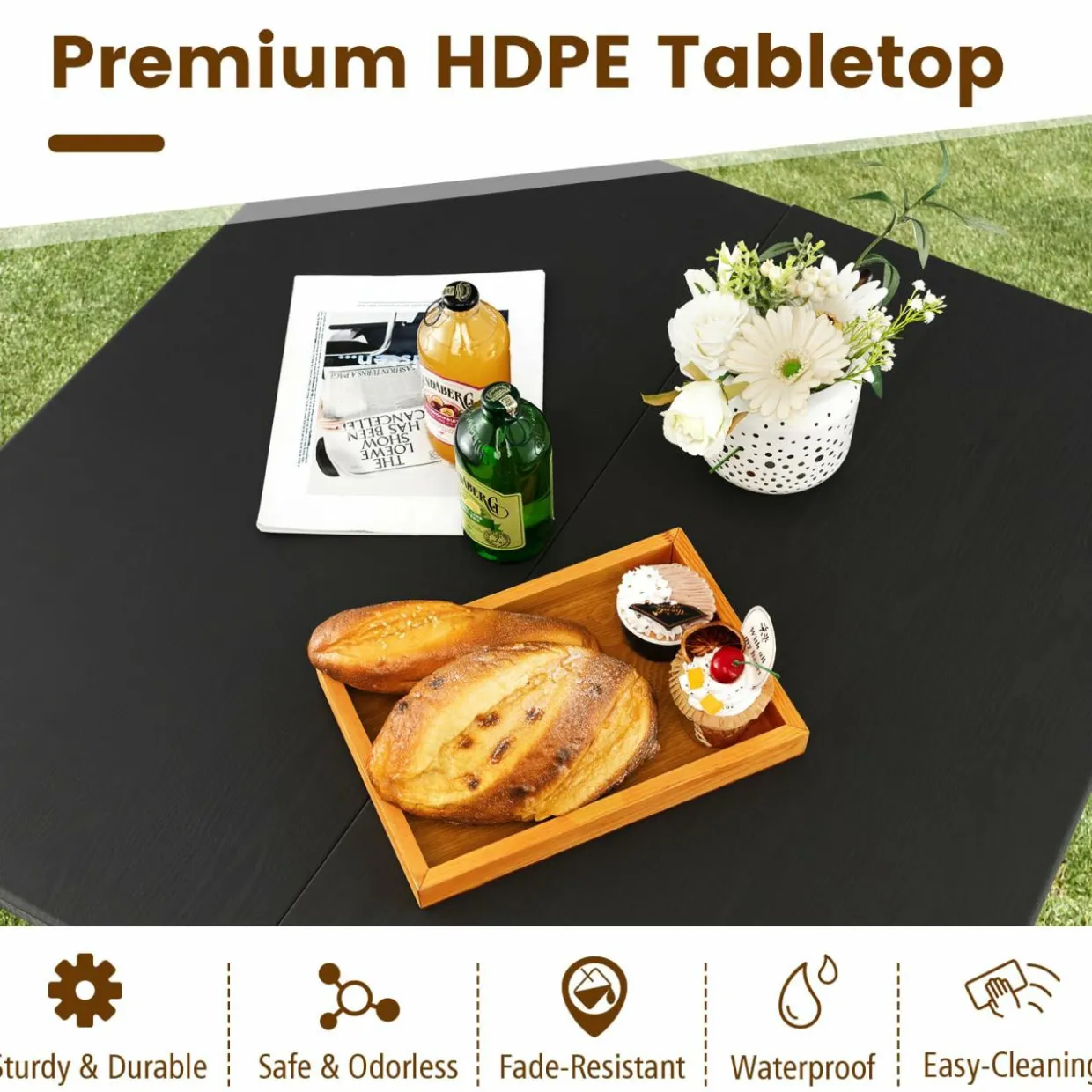 Tangkula 34" Folding Table, Portable Picnic Table with All-Weather HDPE Tabletop, Heavy-Duty Metal Frame