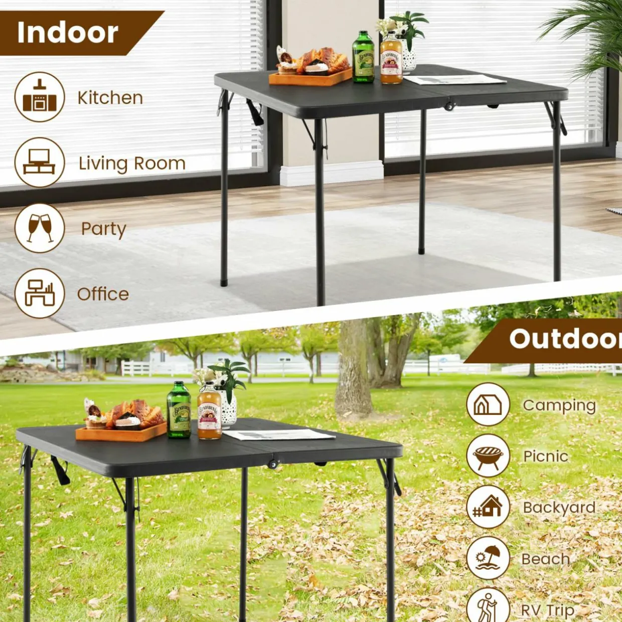 Tangkula 34" Folding Table, Portable Picnic Table with All-Weather HDPE Tabletop, Heavy-Duty Metal Frame