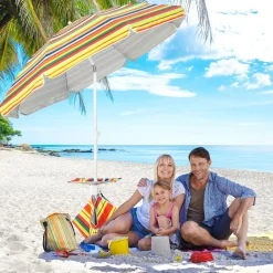 Tangkula 6.5 FT Beach Umbrella with Table, Windproof Ventilated Sunshade Shelter with Tilt Mechanism