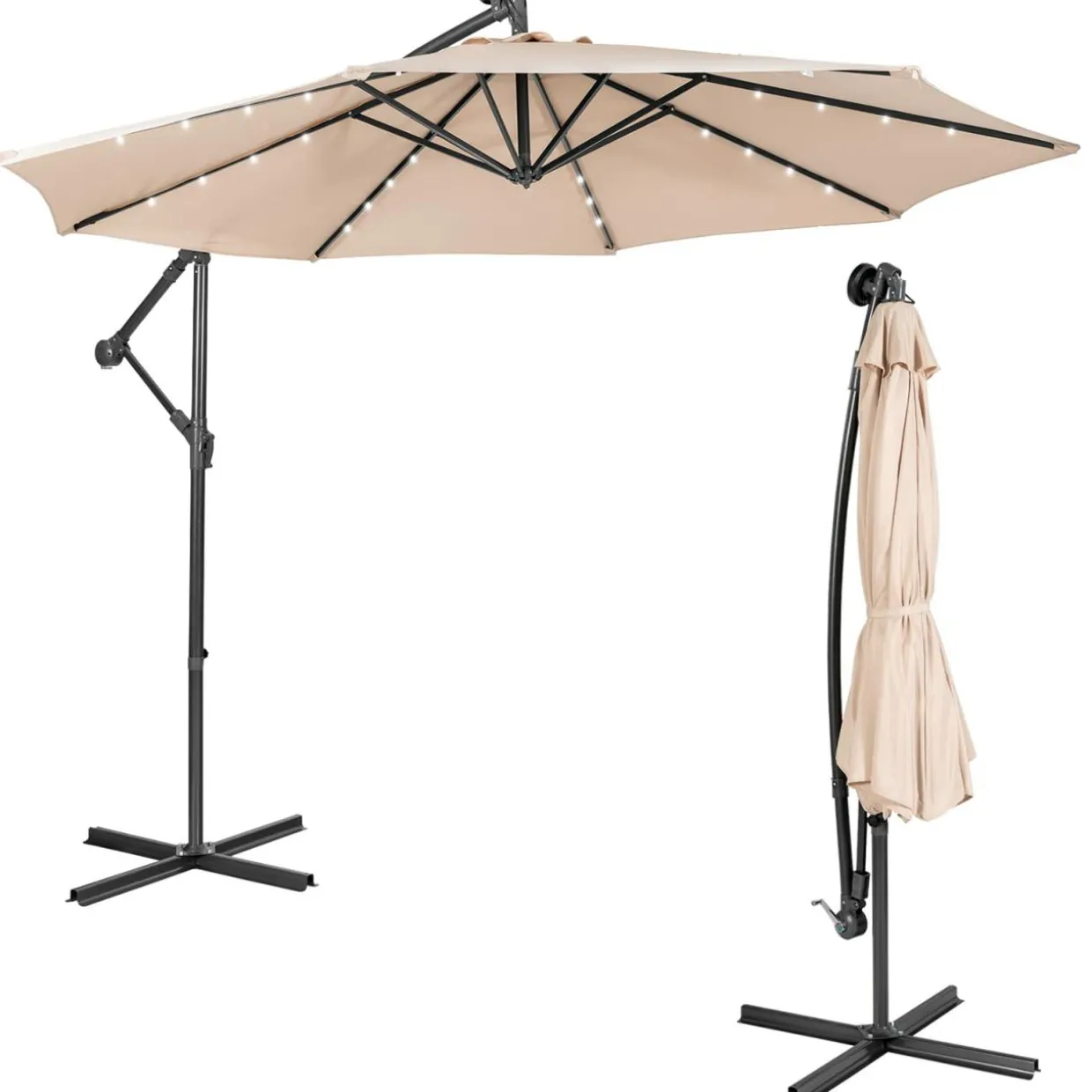 Tangkula 10 ft Cantilever Umbrella w/32 Solar-Powered LED Lights, Functional Tilting System & Hand-Crank Mechanism