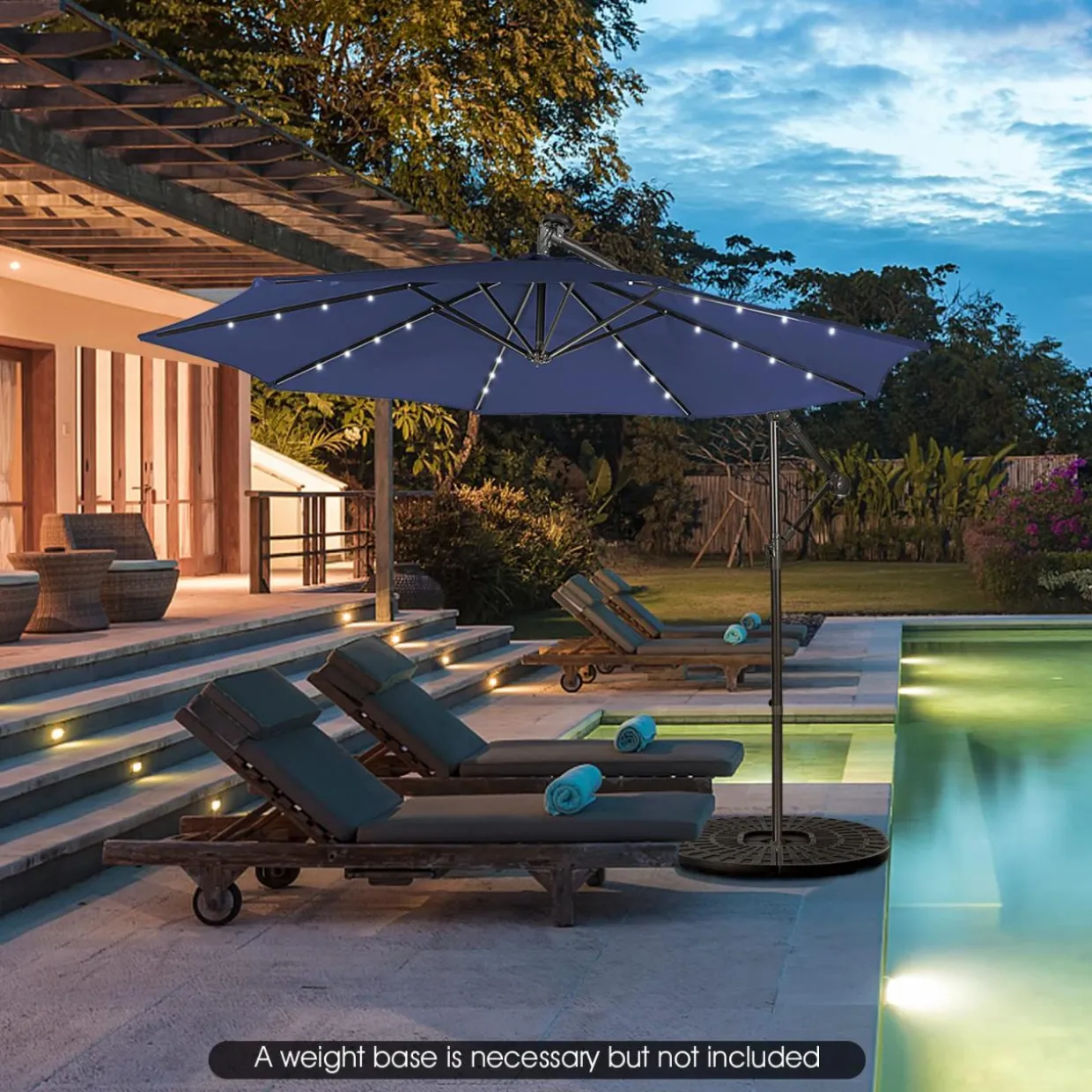 Tangkula 10 ft Cantilever Umbrella w/32 Solar-Powered LED Lights, Functional Tilting System & Hand-Crank Mechanism