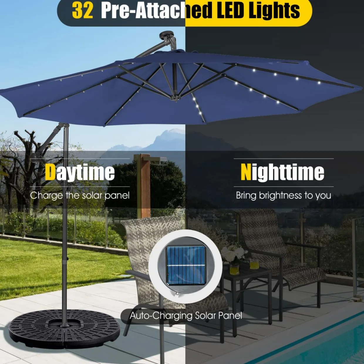 Tangkula 10 ft Cantilever Umbrella w/32 Solar-Powered LED Lights, Functional Tilting System & Hand-Crank Mechanism