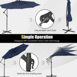Tangkula 10 ft Cantilever Umbrella w/32 Solar-Powered LED Lights, Functional Tilting System & Hand-Crank Mechanism