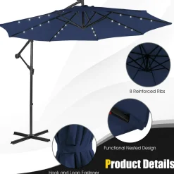 Tangkula 10 ft Cantilever Umbrella w/32 Solar-Powered LED Lights, Functional Tilting System & Hand-Crank Mechanism