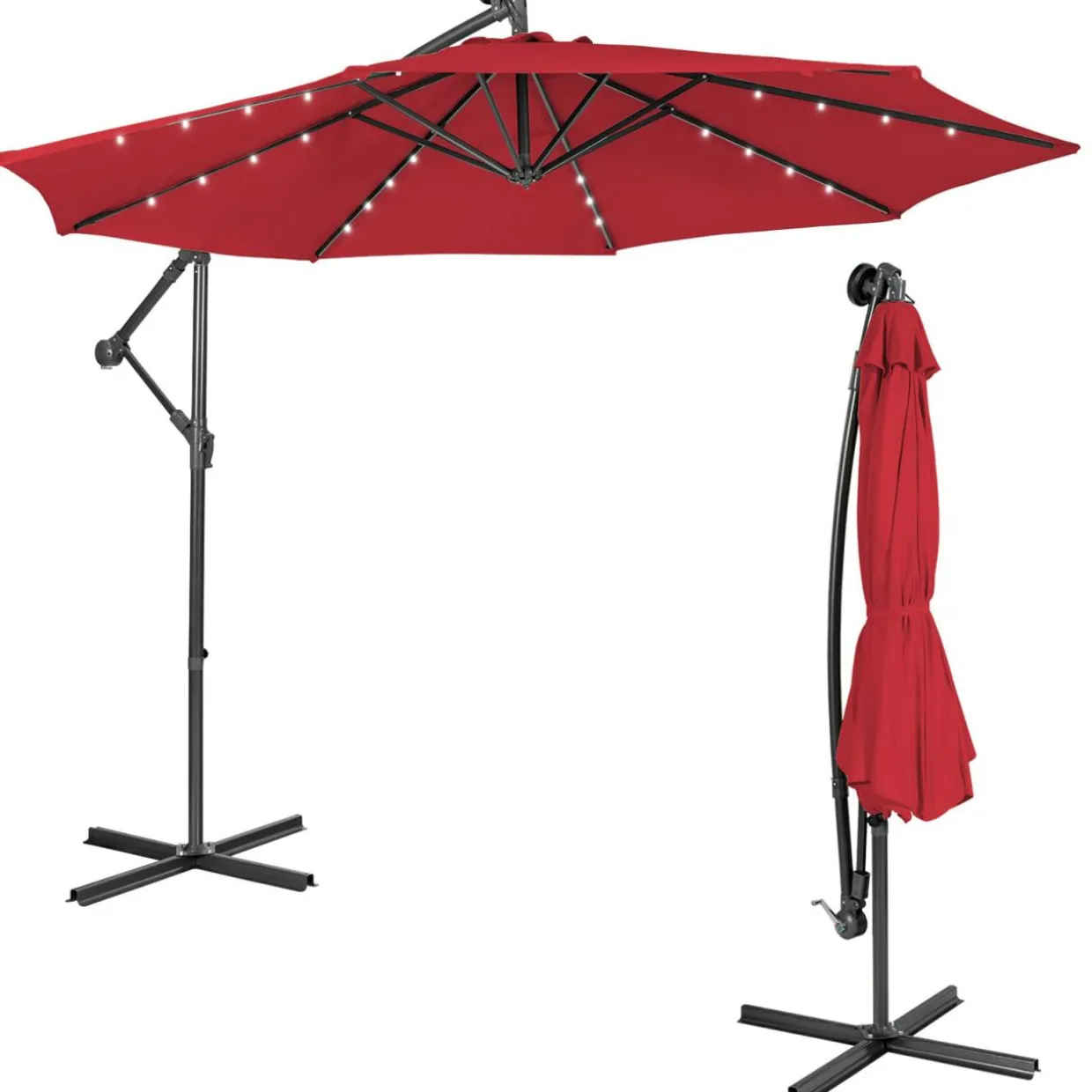 Tangkula 10 ft Cantilever Umbrella w/32 Solar-Powered LED Lights, Functional Tilting System & Hand-Crank Mechanism