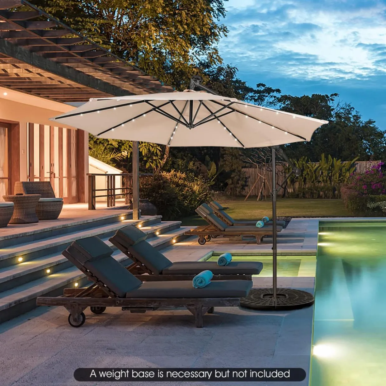 Tangkula 10 ft Cantilever Umbrella w/32 Solar-Powered LED Lights, Functional Tilting System & Hand-Crank Mechanism