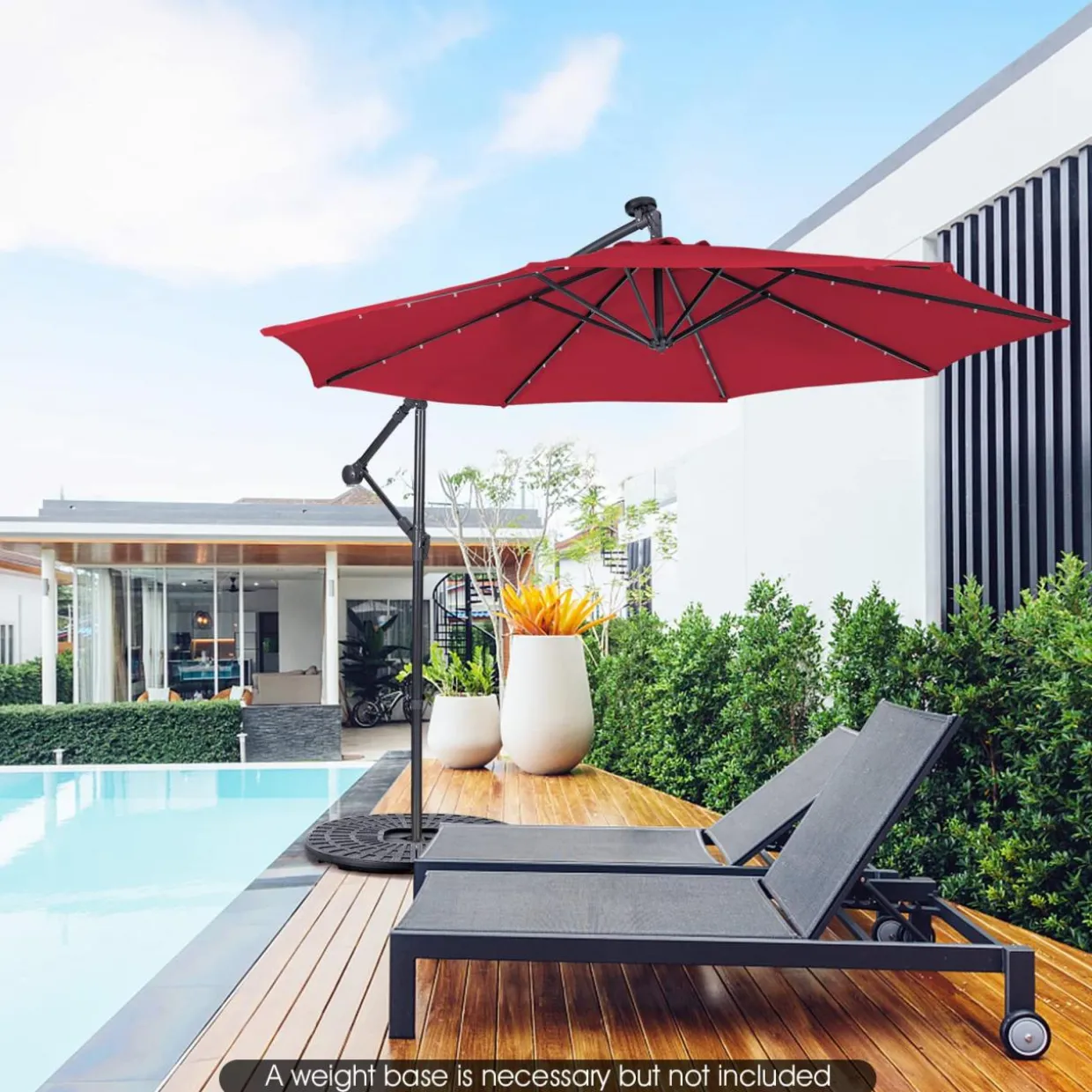 Tangkula 10 ft Cantilever Umbrella w/32 Solar-Powered LED Lights, Functional Tilting System & Hand-Crank Mechanism