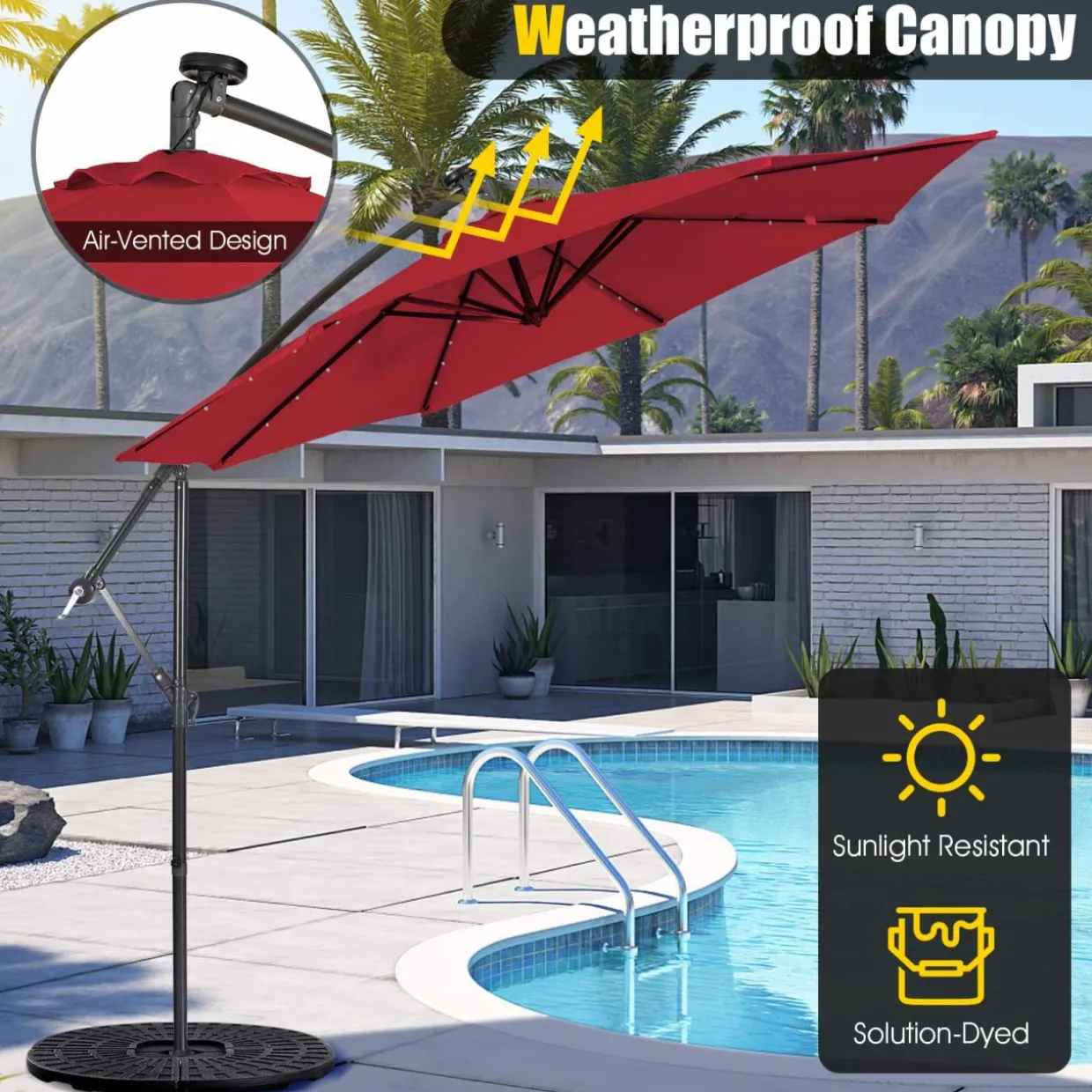 Tangkula 10 ft Cantilever Umbrella w/32 Solar-Powered LED Lights, Functional Tilting System & Hand-Crank Mechanism