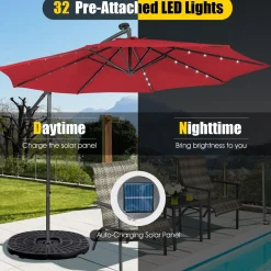 Tangkula 10 ft Cantilever Umbrella w/32 Solar-Powered LED Lights, Functional Tilting System & Hand-Crank Mechanism
