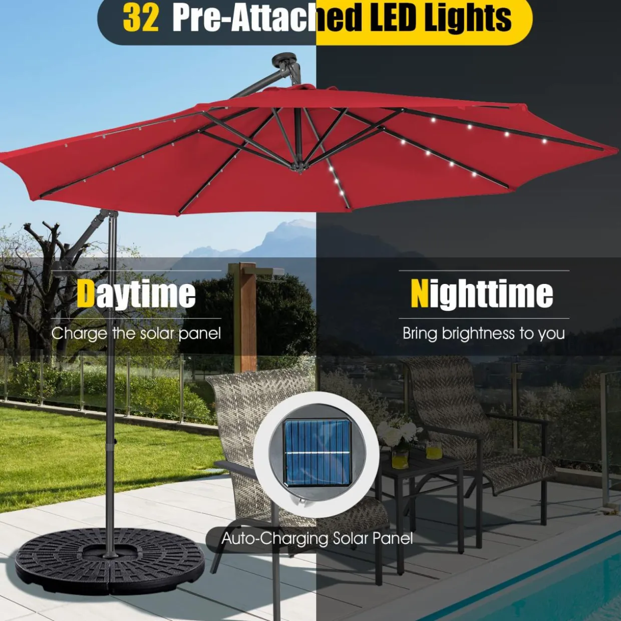 Tangkula 10 ft Cantilever Umbrella w/32 Solar-Powered LED Lights, Functional Tilting System & Hand-Crank Mechanism