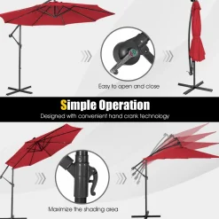Tangkula 10 ft Cantilever Umbrella w/32 Solar-Powered LED Lights, Functional Tilting System & Hand-Crank Mechanism
