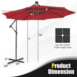 Tangkula 10 ft Cantilever Umbrella w/32 Solar-Powered LED Lights, Functional Tilting System & Hand-Crank Mechanism