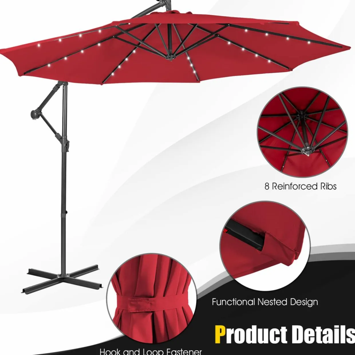 Tangkula 10 ft Cantilever Umbrella w/32 Solar-Powered LED Lights, Functional Tilting System & Hand-Crank Mechanism