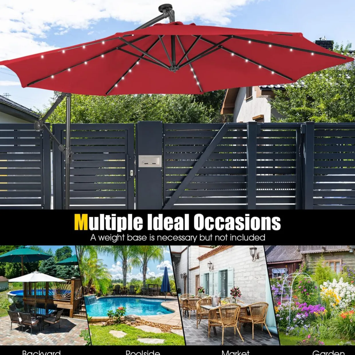 Tangkula 10 ft Cantilever Umbrella w/32 Solar-Powered LED Lights, Functional Tilting System & Hand-Crank Mechanism