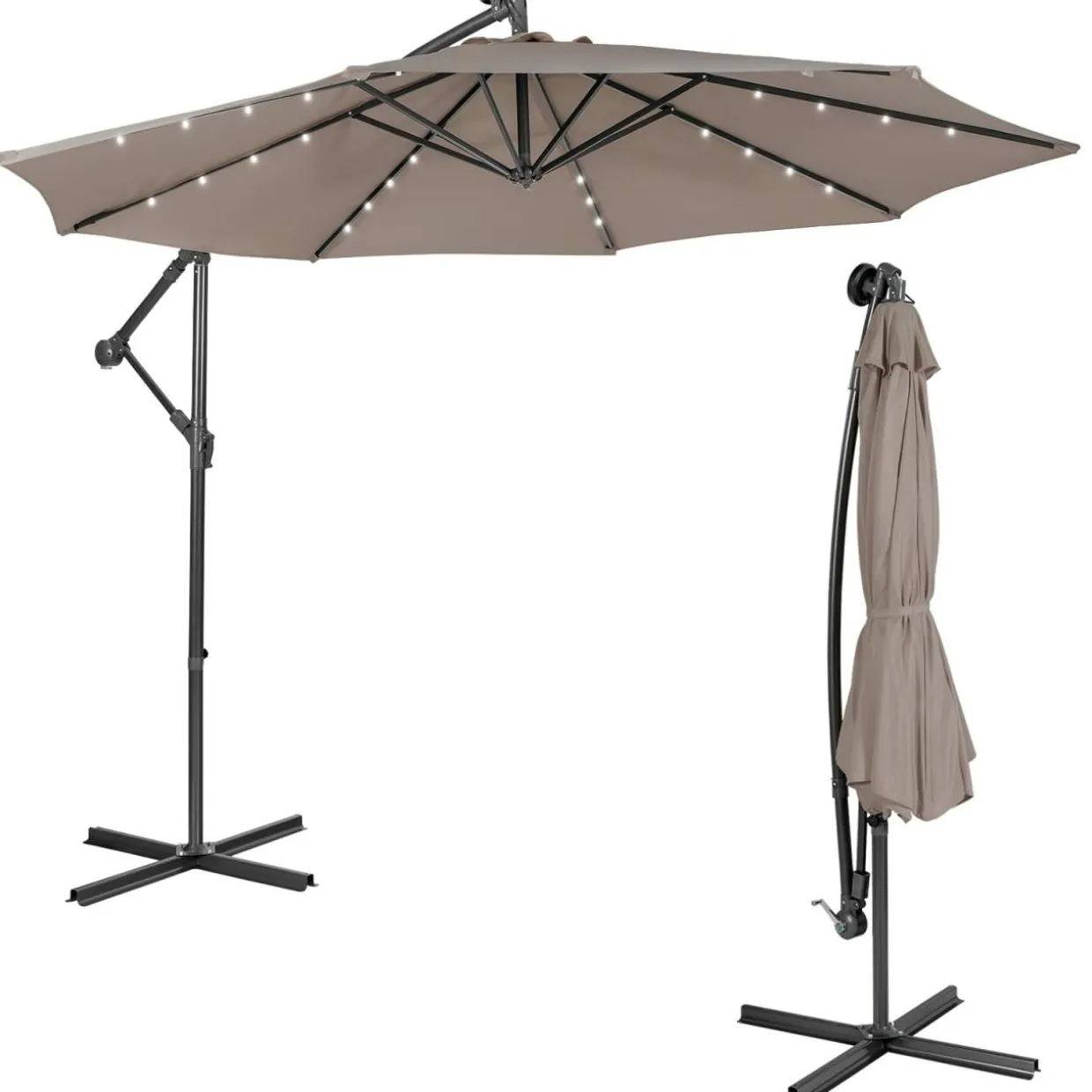 Tangkula 10 ft Cantilever Umbrella w/32 Solar-Powered LED Lights, Functional Tilting System & Hand-Crank Mechanism