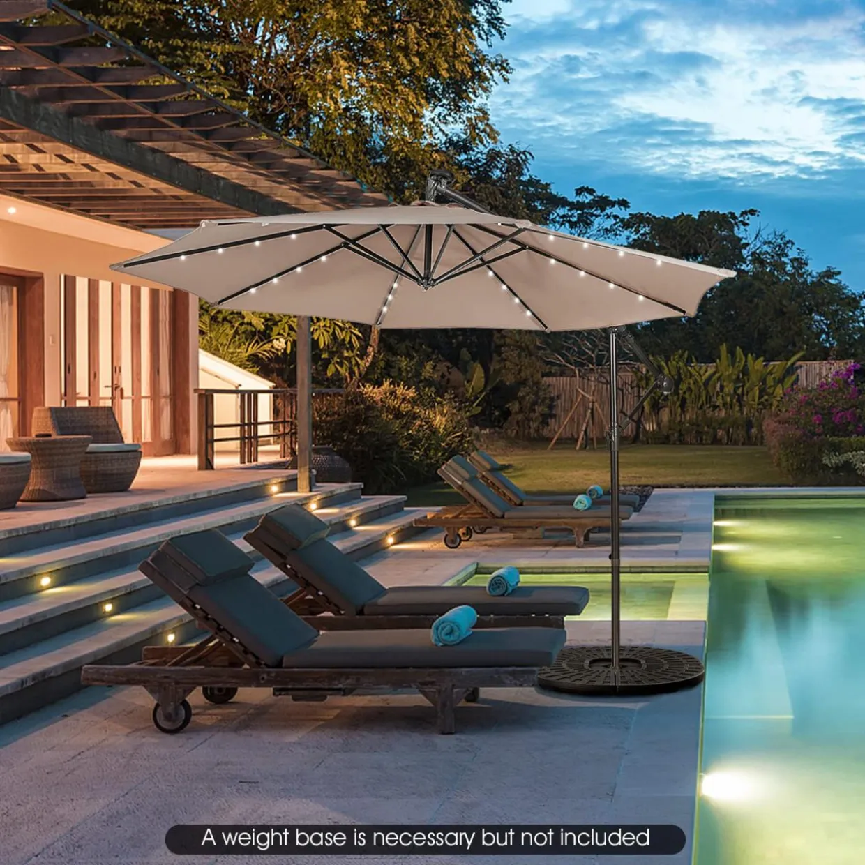 Tangkula 10 ft Cantilever Umbrella w/32 Solar-Powered LED Lights, Functional Tilting System & Hand-Crank Mechanism