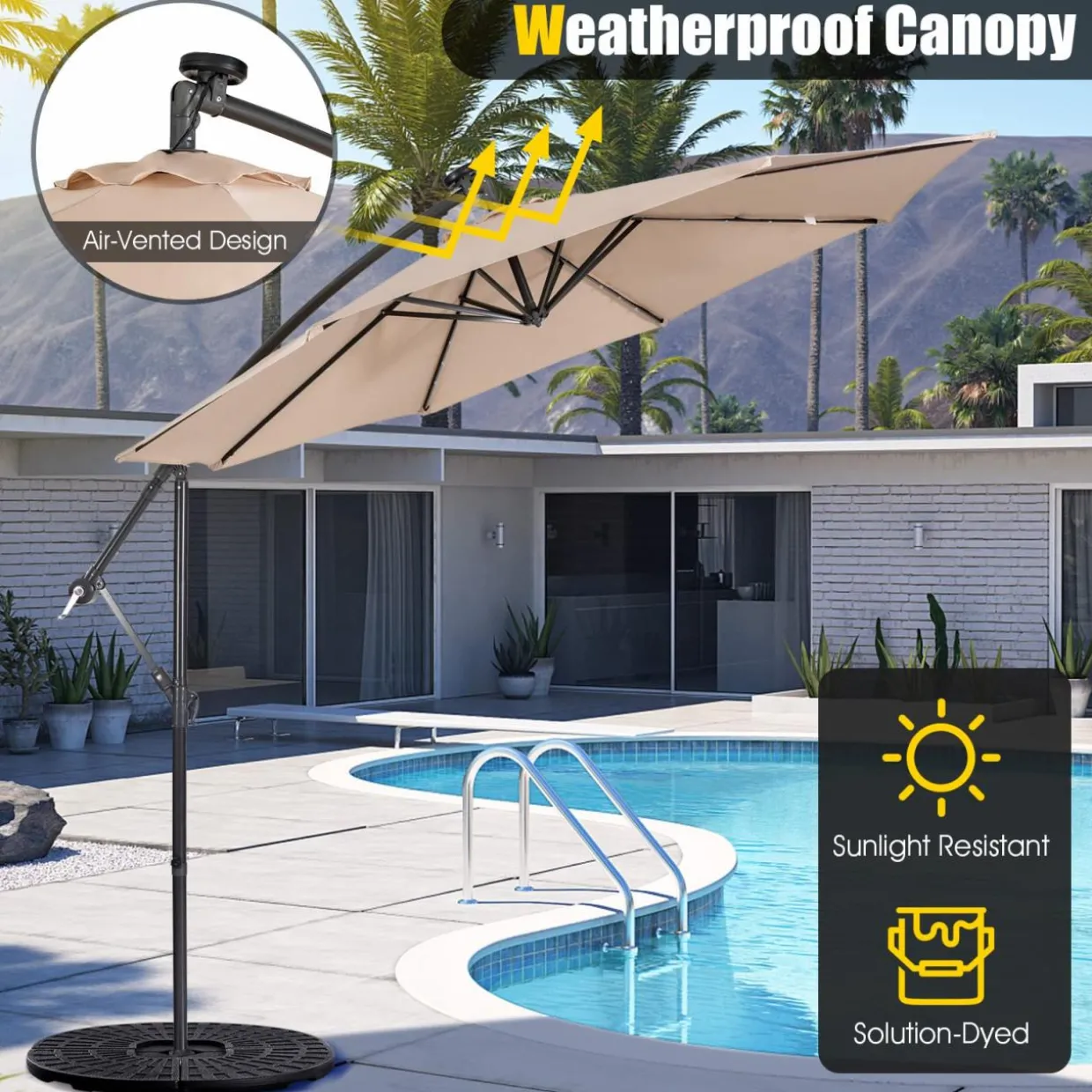 Tangkula 10 ft Cantilever Umbrella w/32 Solar-Powered LED Lights, Functional Tilting System & Hand-Crank Mechanism
