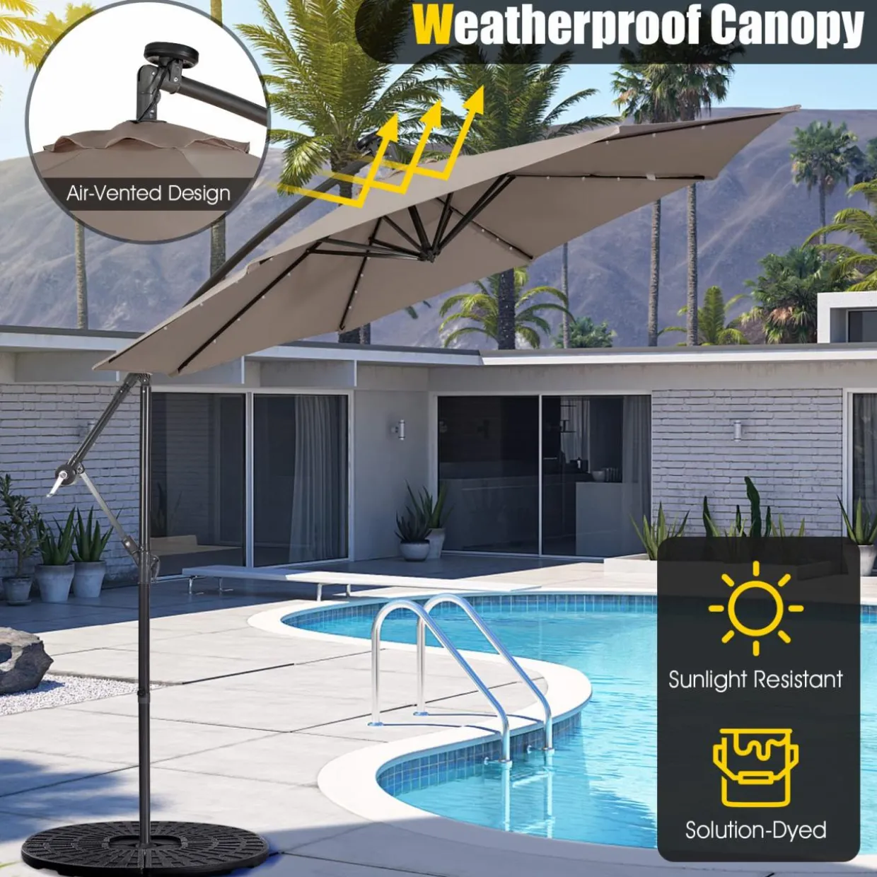 Tangkula 10 ft Cantilever Umbrella w/32 Solar-Powered LED Lights, Functional Tilting System & Hand-Crank Mechanism
