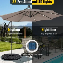 Tangkula 10 ft Cantilever Umbrella w/32 Solar-Powered LED Lights, Functional Tilting System & Hand-Crank Mechanism