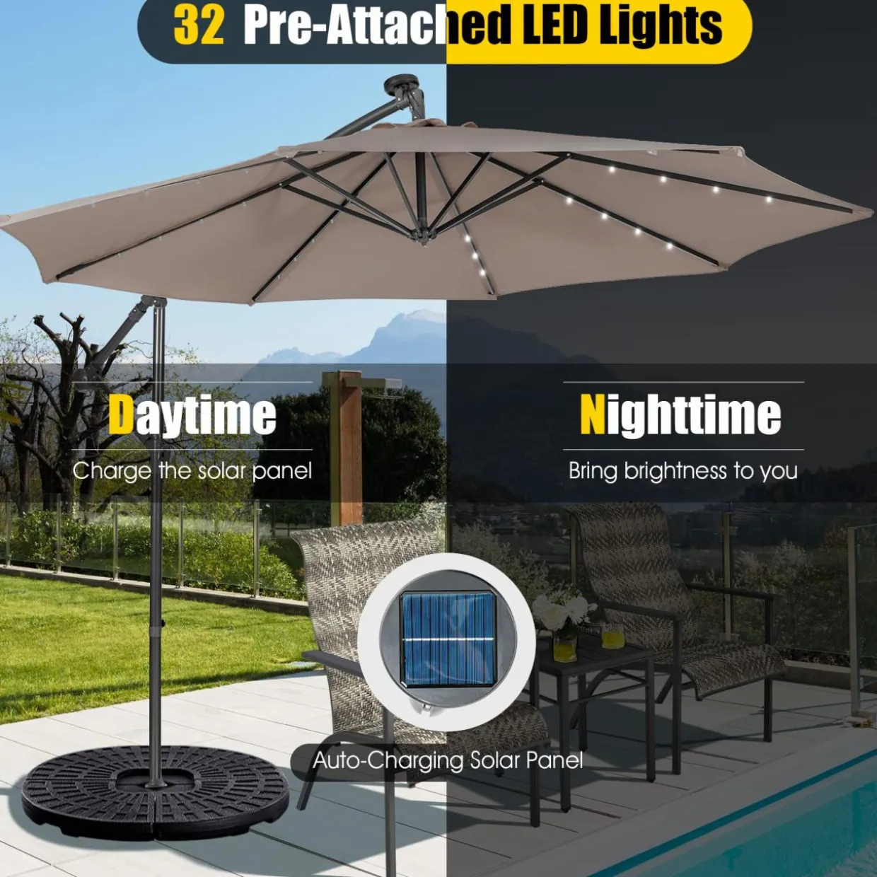 Tangkula 10 ft Cantilever Umbrella w/32 Solar-Powered LED Lights, Functional Tilting System & Hand-Crank Mechanism