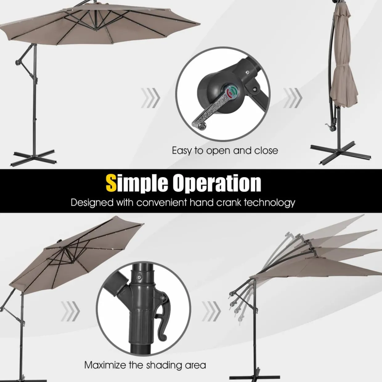 Tangkula 10 ft Cantilever Umbrella w/32 Solar-Powered LED Lights, Functional Tilting System & Hand-Crank Mechanism