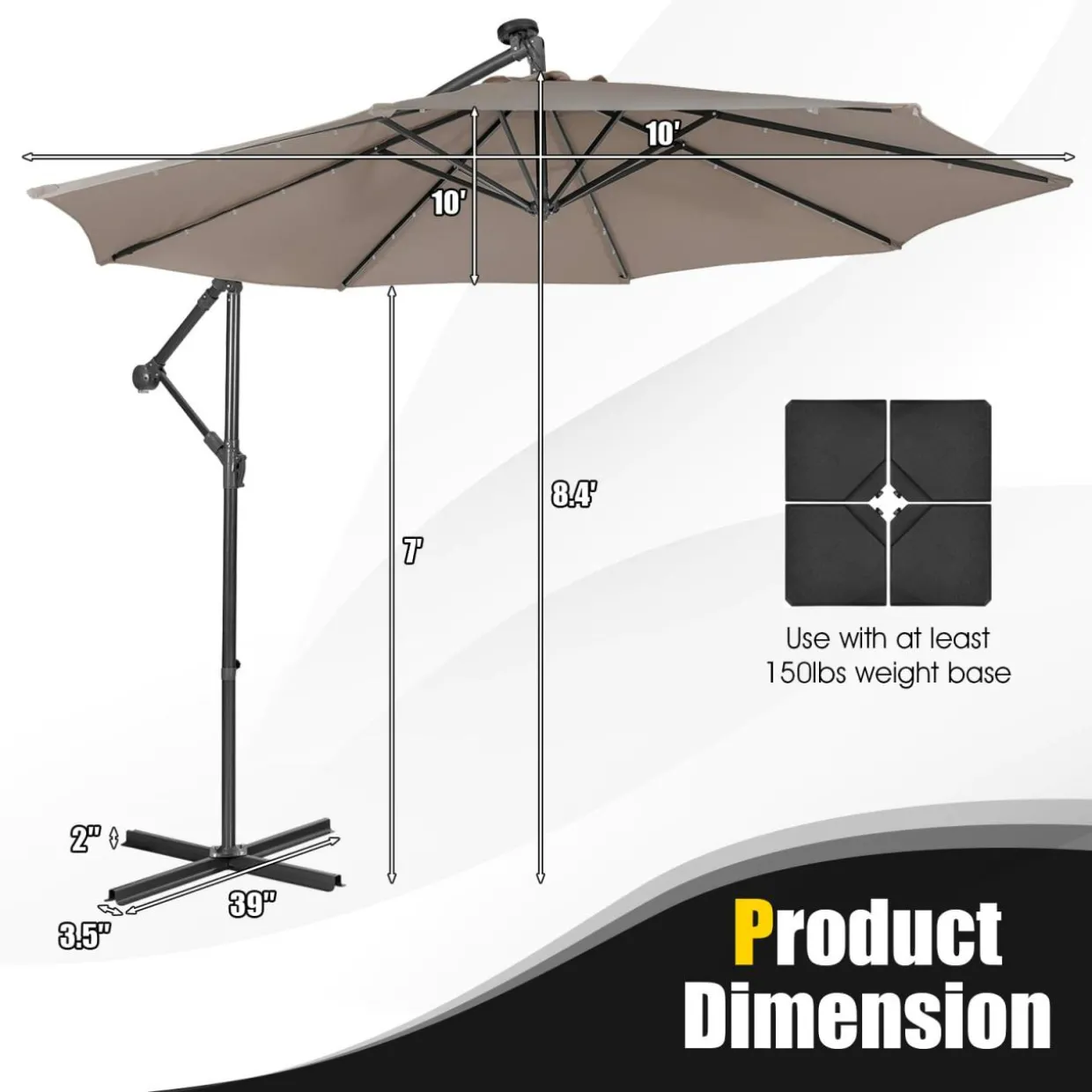 Tangkula 10 ft Cantilever Umbrella w/32 Solar-Powered LED Lights, Functional Tilting System & Hand-Crank Mechanism