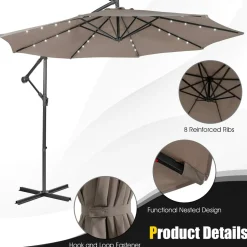 Tangkula 10 ft Cantilever Umbrella w/32 Solar-Powered LED Lights, Functional Tilting System & Hand-Crank Mechanism