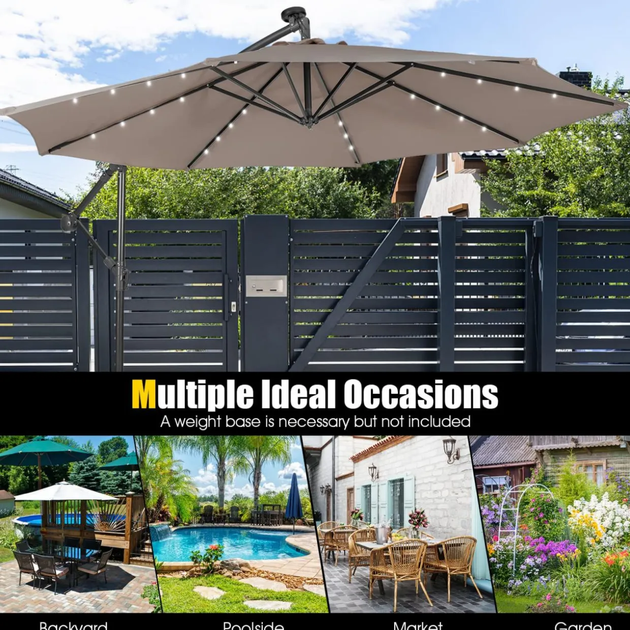 Tangkula 10 ft Cantilever Umbrella w/32 Solar-Powered LED Lights, Functional Tilting System & Hand-Crank Mechanism