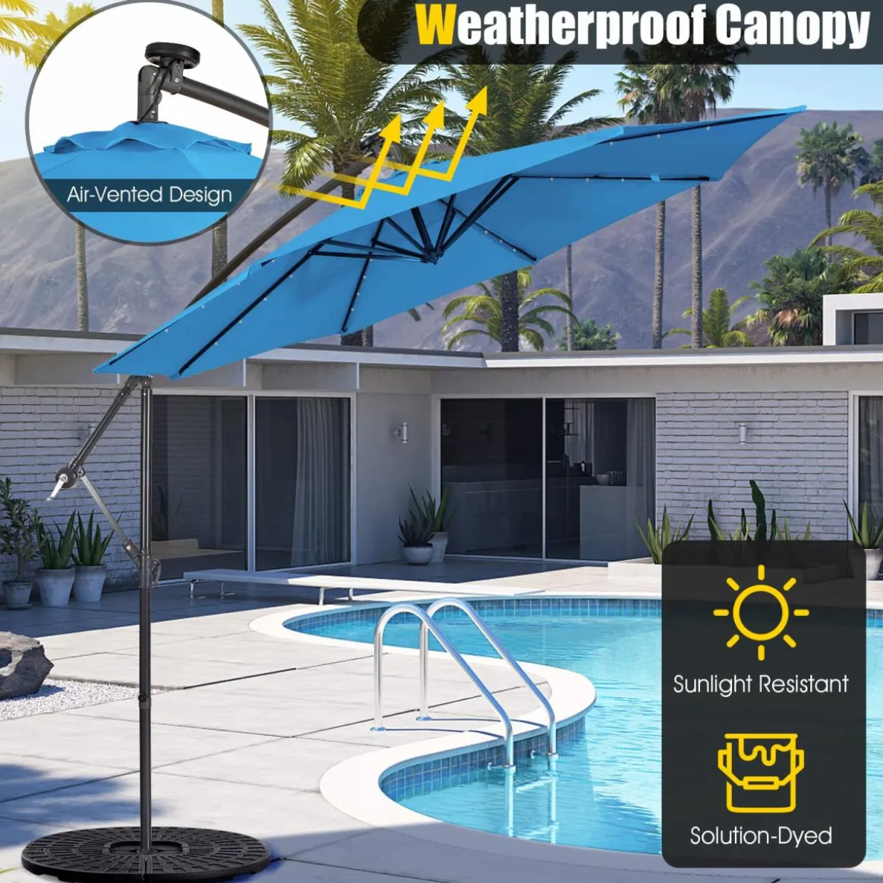 Tangkula 10 ft Cantilever Umbrella w/32 Solar-Powered LED Lights, Functional Tilting System & Hand-Crank Mechanism