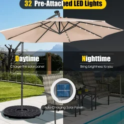 Tangkula 10 ft Cantilever Umbrella w/32 Solar-Powered LED Lights, Functional Tilting System & Hand-Crank Mechanism