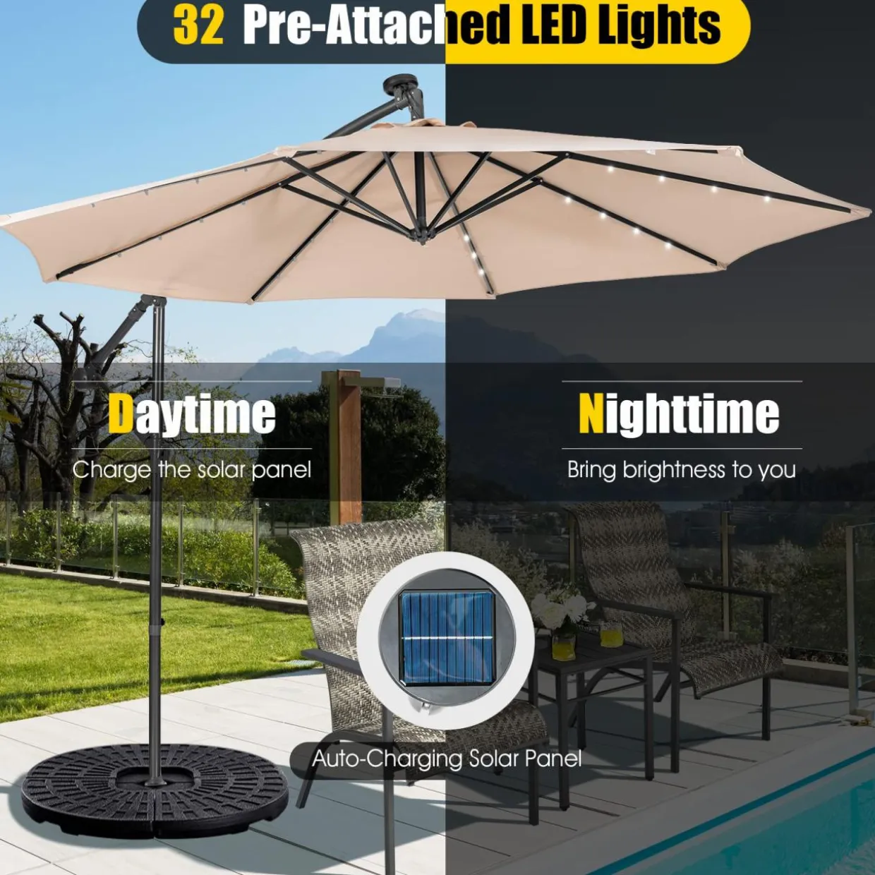 Tangkula 10 ft Cantilever Umbrella w/32 Solar-Powered LED Lights, Functional Tilting System & Hand-Crank Mechanism