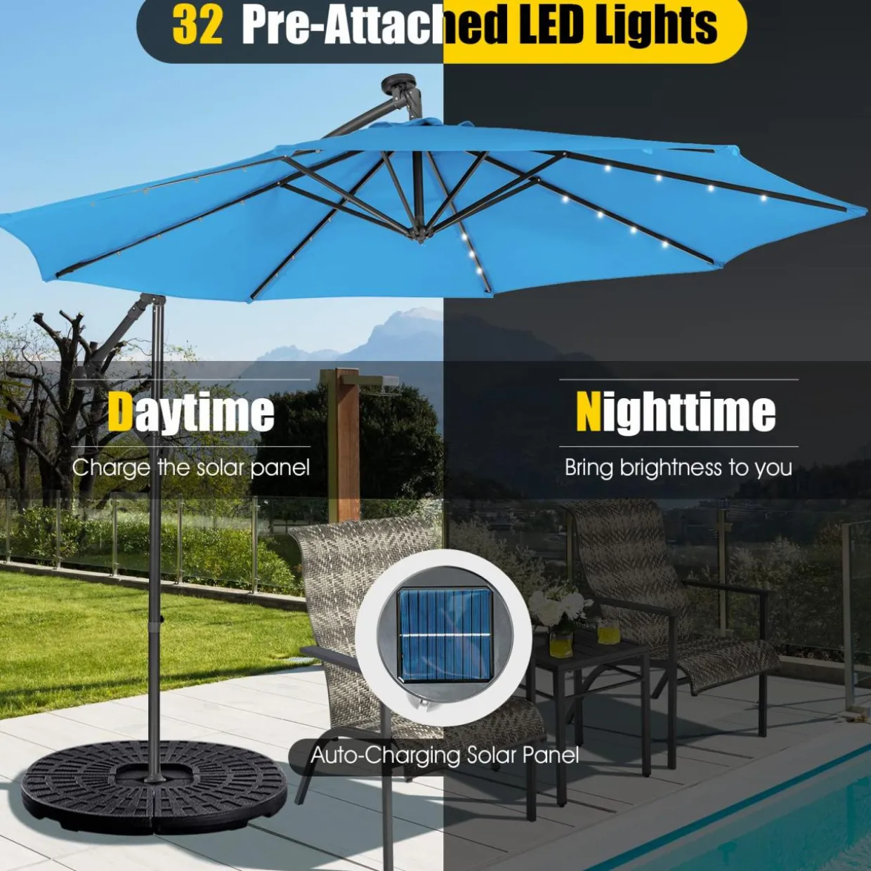 Tangkula 10 ft Cantilever Umbrella w/32 Solar-Powered LED Lights, Functional Tilting System & Hand-Crank Mechanism