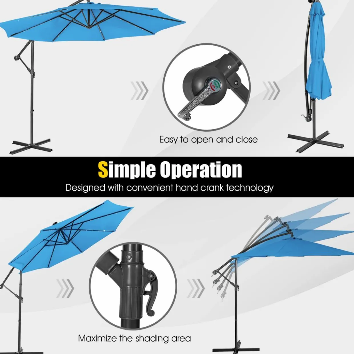 Tangkula 10 ft Cantilever Umbrella w/32 Solar-Powered LED Lights, Functional Tilting System & Hand-Crank Mechanism
