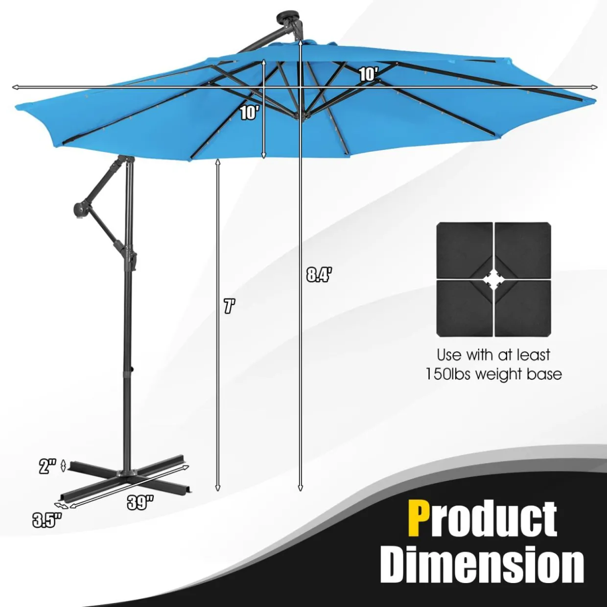 Tangkula 10 ft Cantilever Umbrella w/32 Solar-Powered LED Lights, Functional Tilting System & Hand-Crank Mechanism