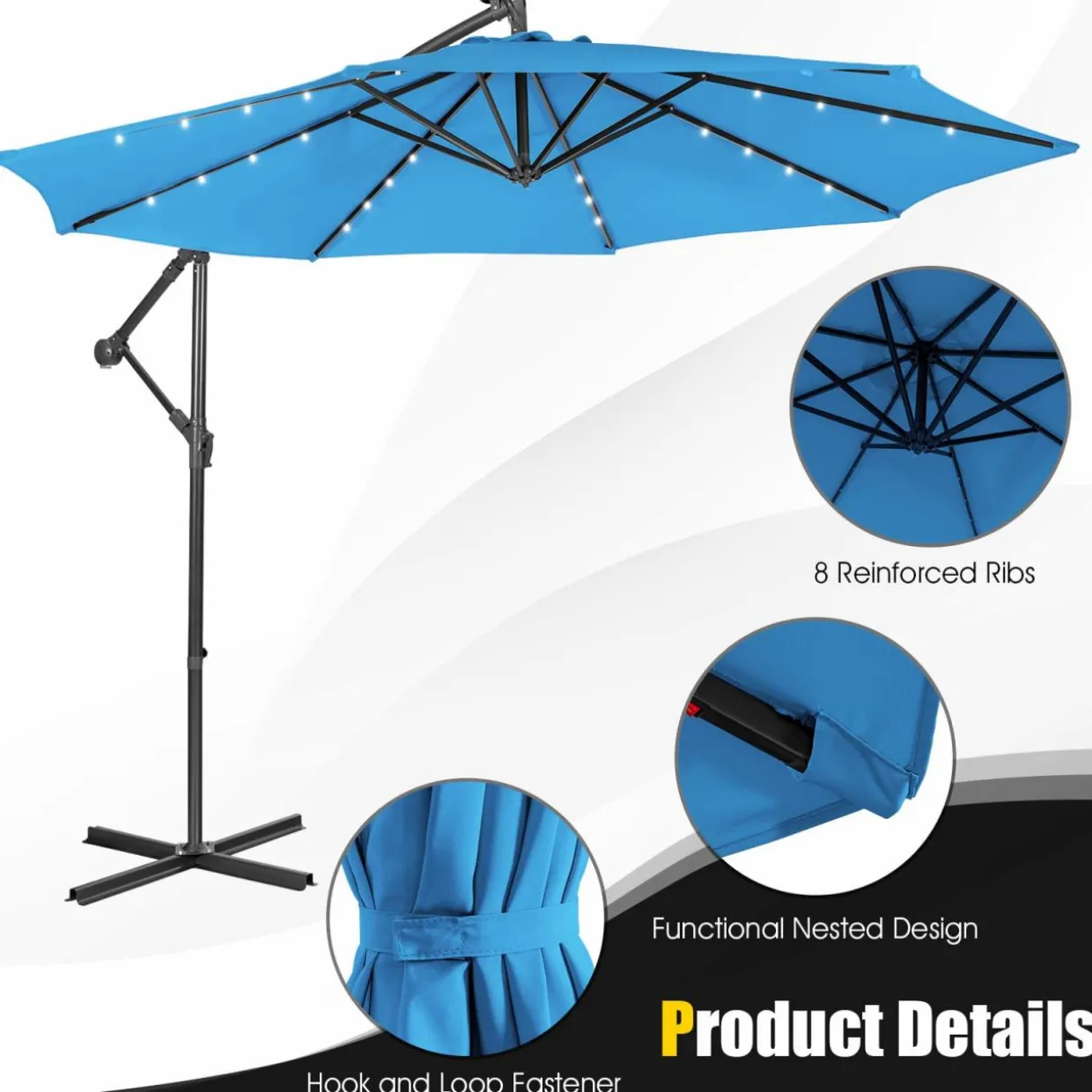 Tangkula 10 ft Cantilever Umbrella w/32 Solar-Powered LED Lights, Functional Tilting System & Hand-Crank Mechanism