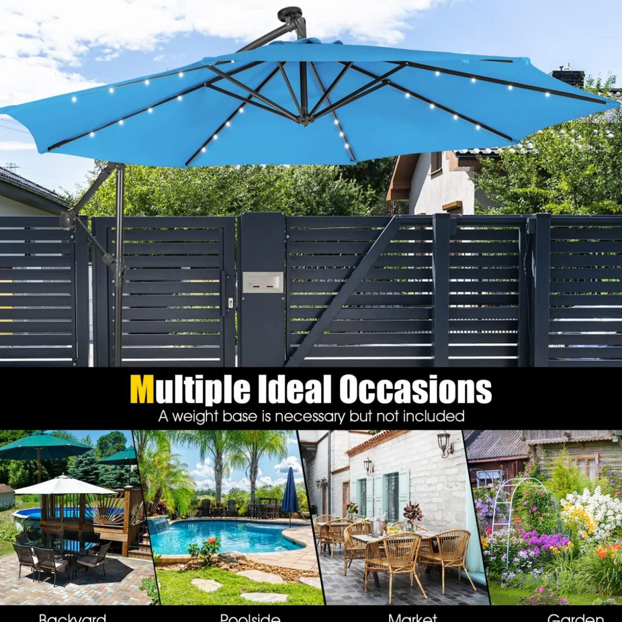 Tangkula 10 ft Cantilever Umbrella w/32 Solar-Powered LED Lights, Functional Tilting System & Hand-Crank Mechanism