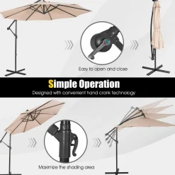 Tangkula 10 ft Cantilever Umbrella w/32 Solar-Powered LED Lights, Functional Tilting System & Hand-Crank Mechanism